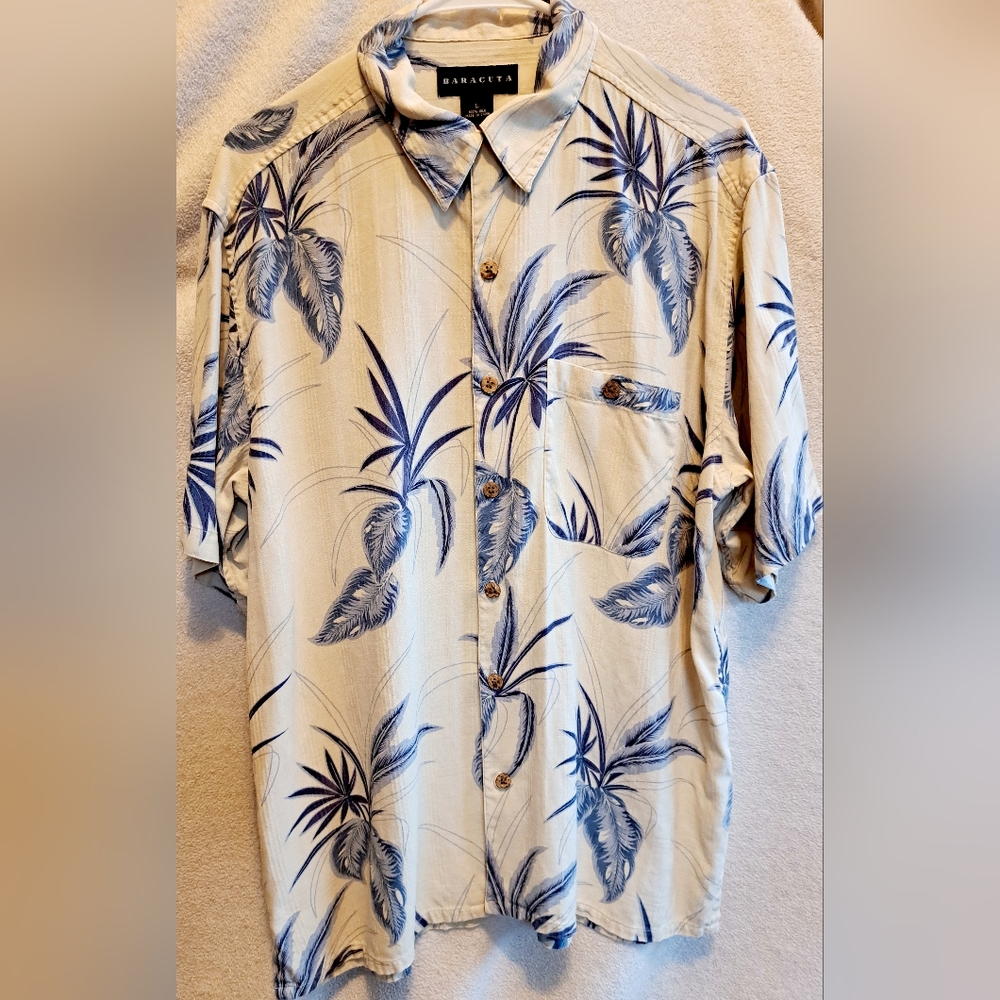 Mens Baracuta Blue and Cream Tropical Summer Button Down Shirt